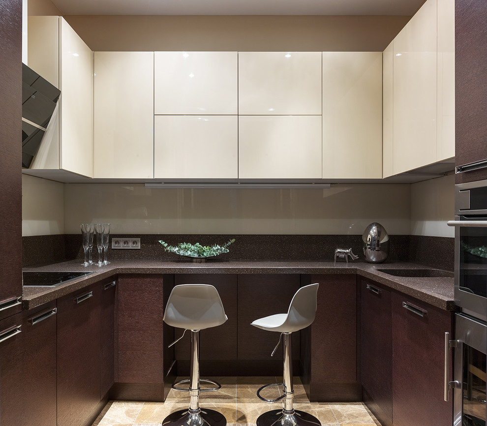 Contemporary u-shaped separate kitchen in Moscow with an integrated sink, flat-panel cabinets, dark wood cabinets, brown floor, brown benchtop, stainless steel appliances and no island.
