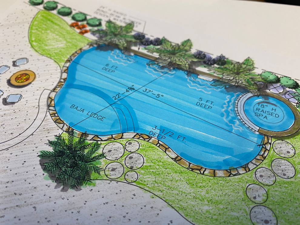 Immagine di una grande piscina naturale contemporanea personalizzata dietro casa con fontane e pavimentazioni in cemento