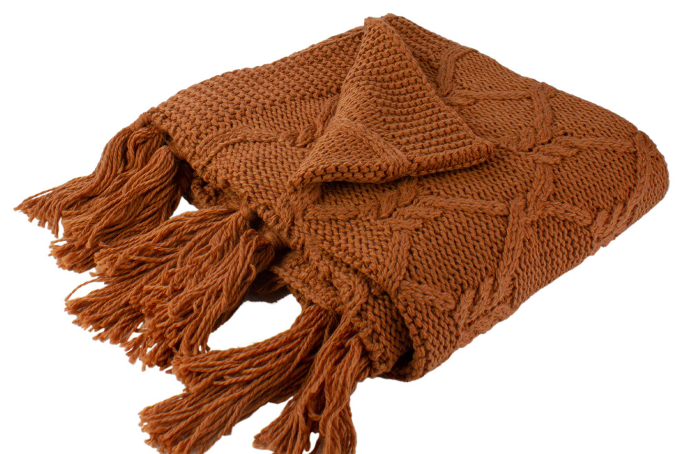 Golden Ochre Knit Throw Blanket with Tassels 50" x 60" Scandinavian