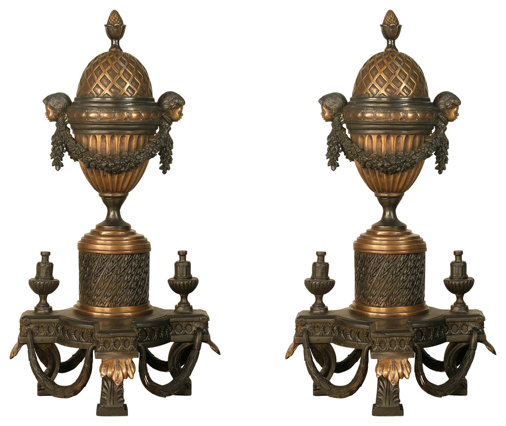 Bronze Fireplace 29" Ornate Andirons Traditional Fireplace Grates