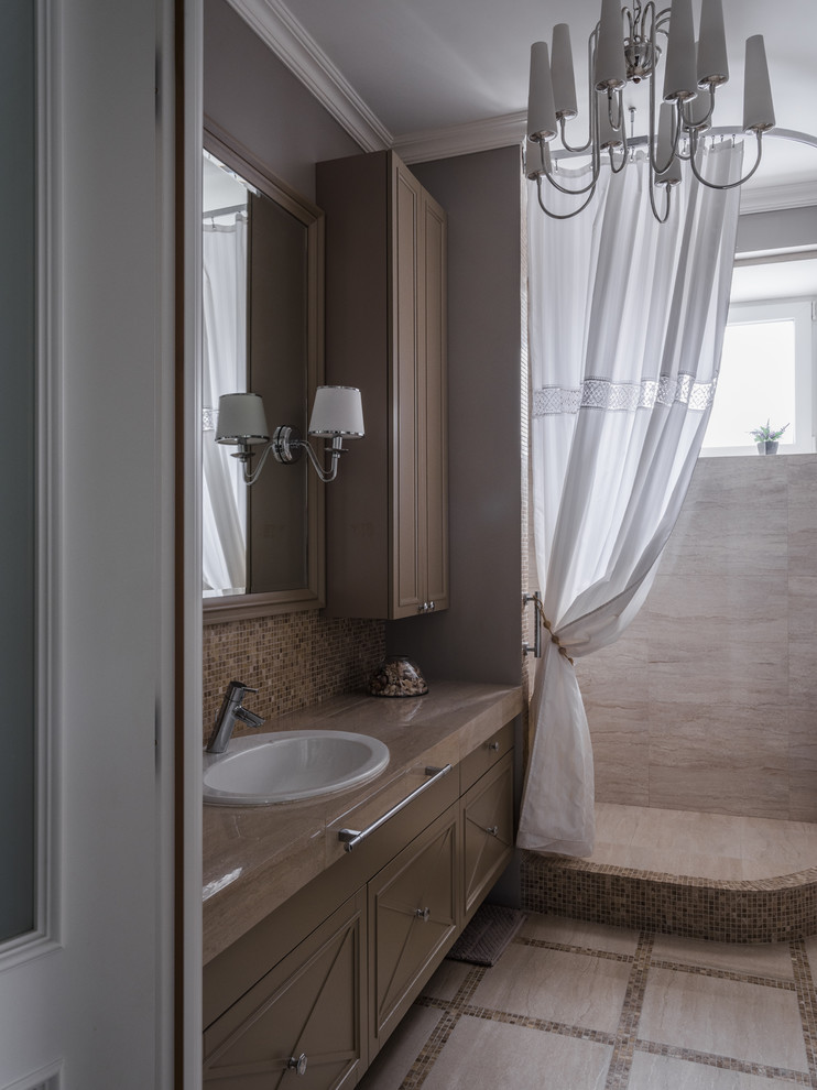 Inspiration for a transitional 3/4 bathroom in Moscow with brown cabinets, a corner shower, brown tile, mosaic tile, a drop-in sink, beige floor, a shower curtain and beige benchtops.