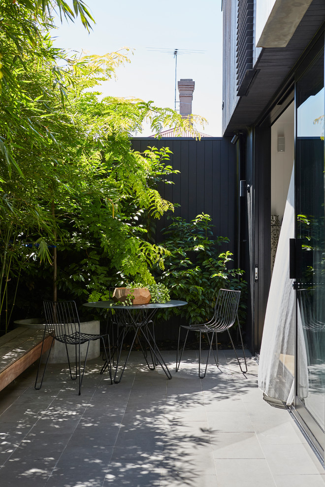 Contemporary patio in Melbourne with a container garden, tile and no cover.