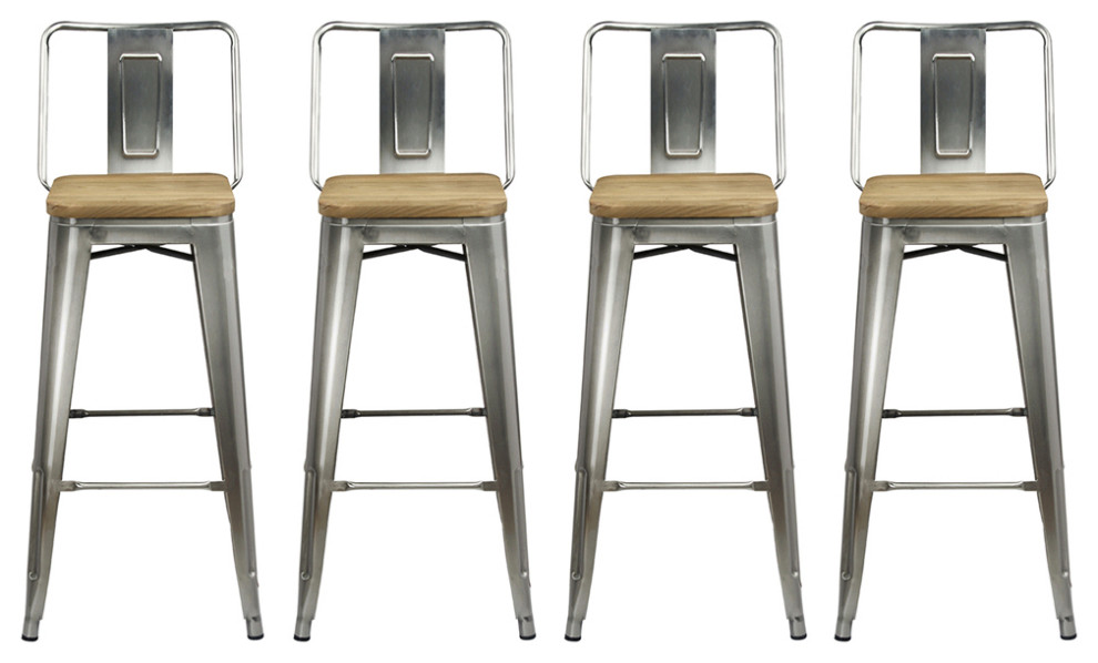 Metal Gunmetal Bar Stools With Middle Back Light Wooden Seat, Set of 4