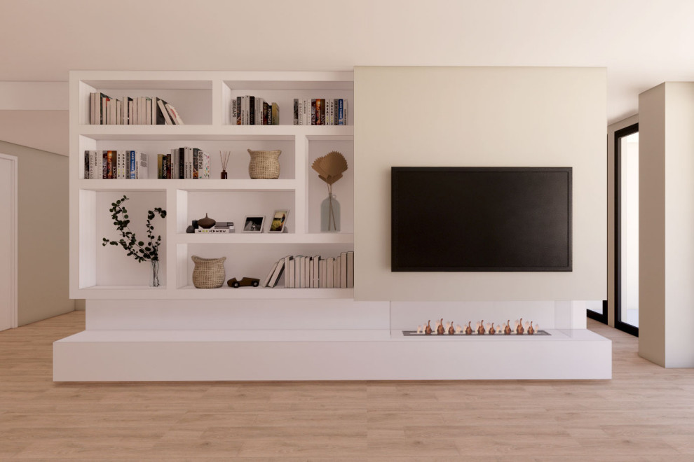 This is an example of a scandinavian games room in Barcelona with white walls, a two-sided fireplace, a plastered fireplace surround and beige floors.