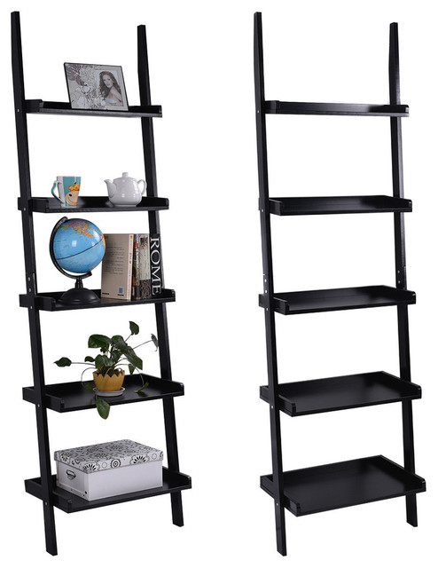 Costway Versatile 5 Tier Bookshelf, Stratford Black 5 Shelf Ladder Bookcase