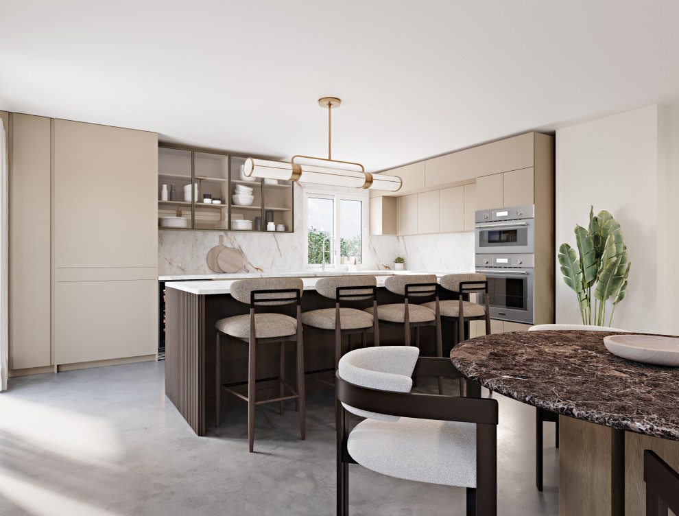 This is an example of a mid-sized eat-in kitchen in Miami with glass-front cabinets, beige cabinets, multi-coloured splashback, porcelain splashback, concrete floors, with island, grey floor and multi-coloured benchtop.
