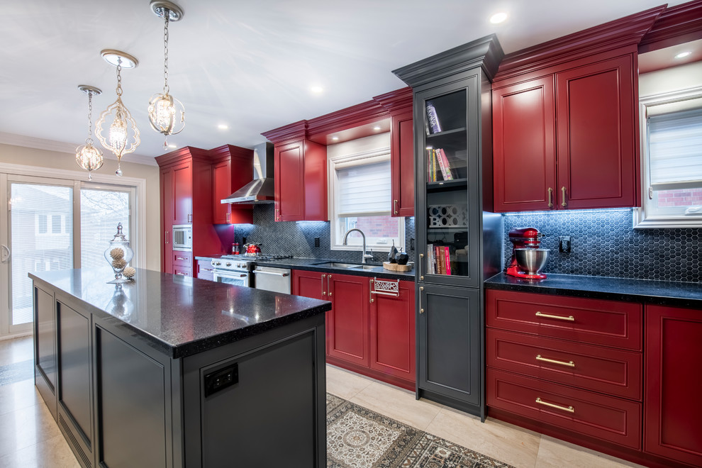 Design ideas for a mid-sized contemporary l-shaped open plan kitchen in Toronto with an undermount sink, recessed-panel cabinets, red cabinets, solid surface benchtops, grey splashback, stainless steel appliances, with island, grey floor and black benchtop.