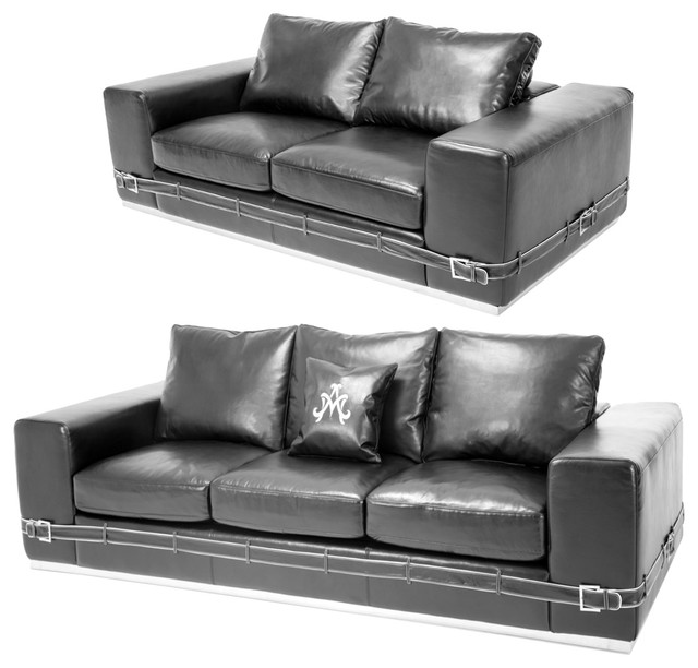 Aico Mia Bella Ciras Leather Mansion Sofa Set Black