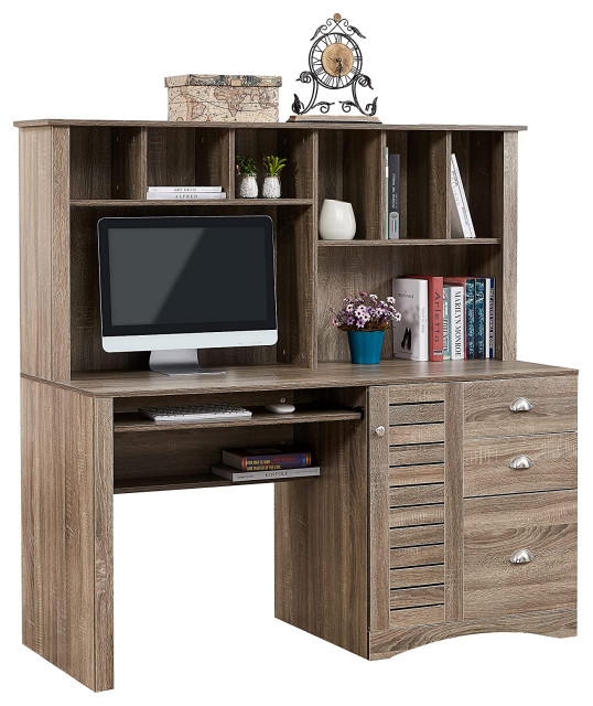 Large Desk, Integrated Hutch With Multiple Open Shelves for Extra Storage, Brown