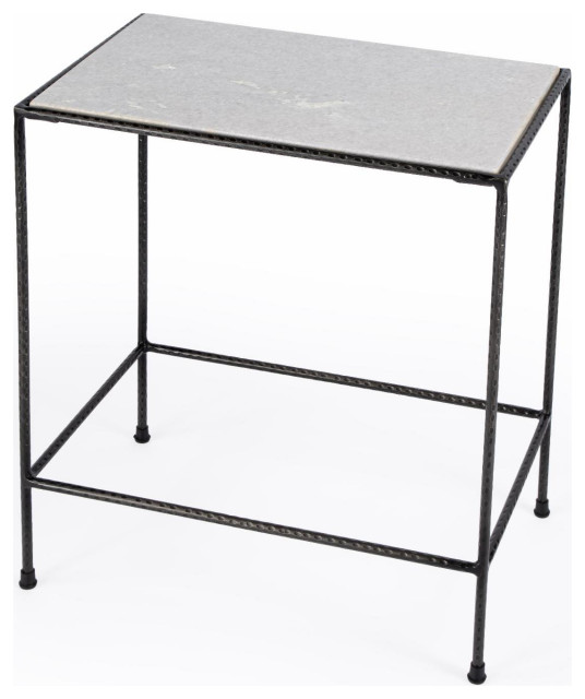 Elegant End Table, Metal Frame With Rectangular Gray/White Marble Top