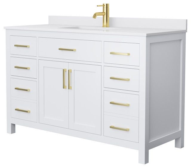 Beckett 54" Single Vanity, White, White Cultured Marble Top, Gold Trim
