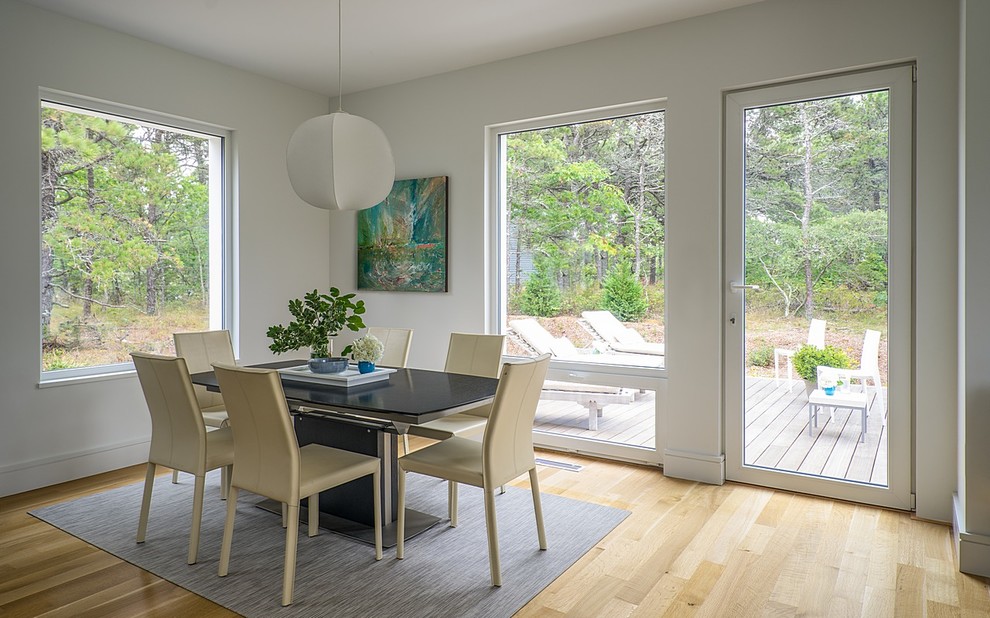 Mid-sized modern open plan dining in Boston with white walls and light hardwood floors.