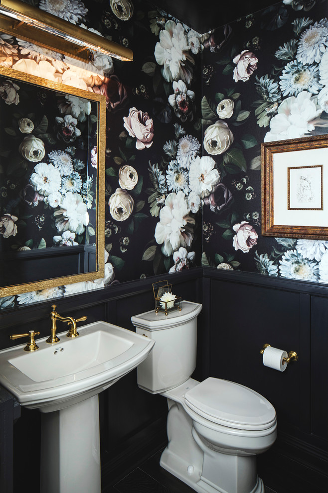 Small eclectic ceramic tile powder room photo in San Francisco with a pedestal sink, a two-piece toilet and multicolored walls