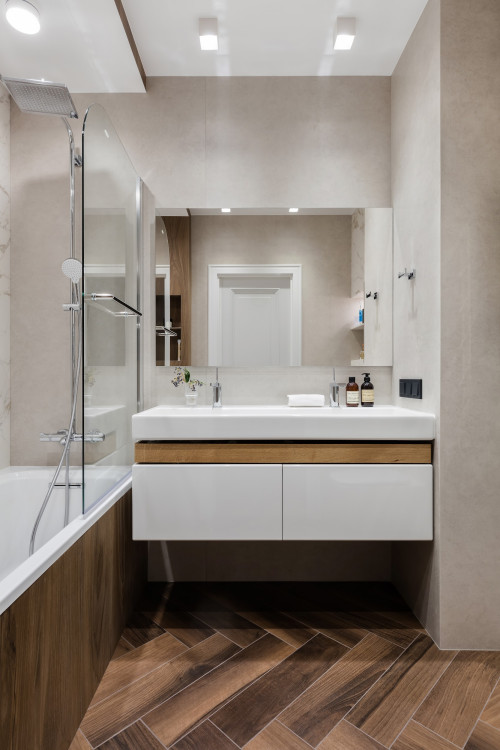 Minimalist Chic: Contemporary Bathroom Vanity with White Flat Panels and Countertops