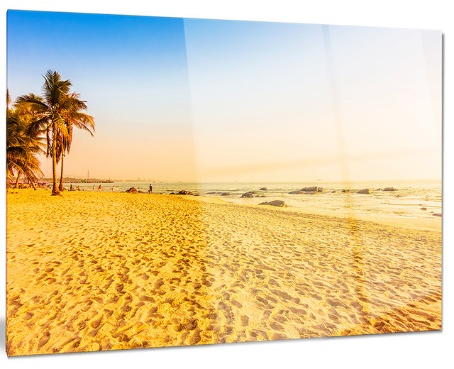 Landscape Glossy Metal Wall Art 28 H/ x/ 60 W/ x/ 1 D 5PE Blue//White Designart Window to Beach with Coconut Palms