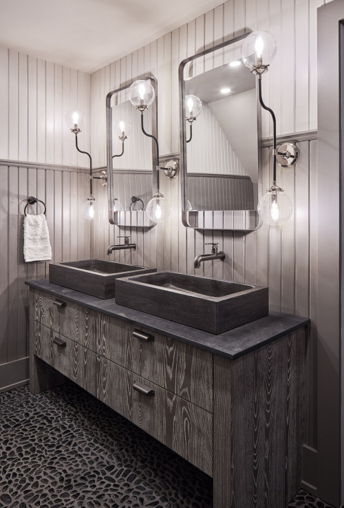 Dark Wood Charm: Bathroom Vanity Sink Inspirations with Gray Countertops