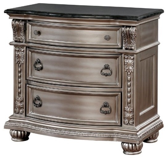 Solid Wood With Marble Top Nightstand With Three Drawers, Silver