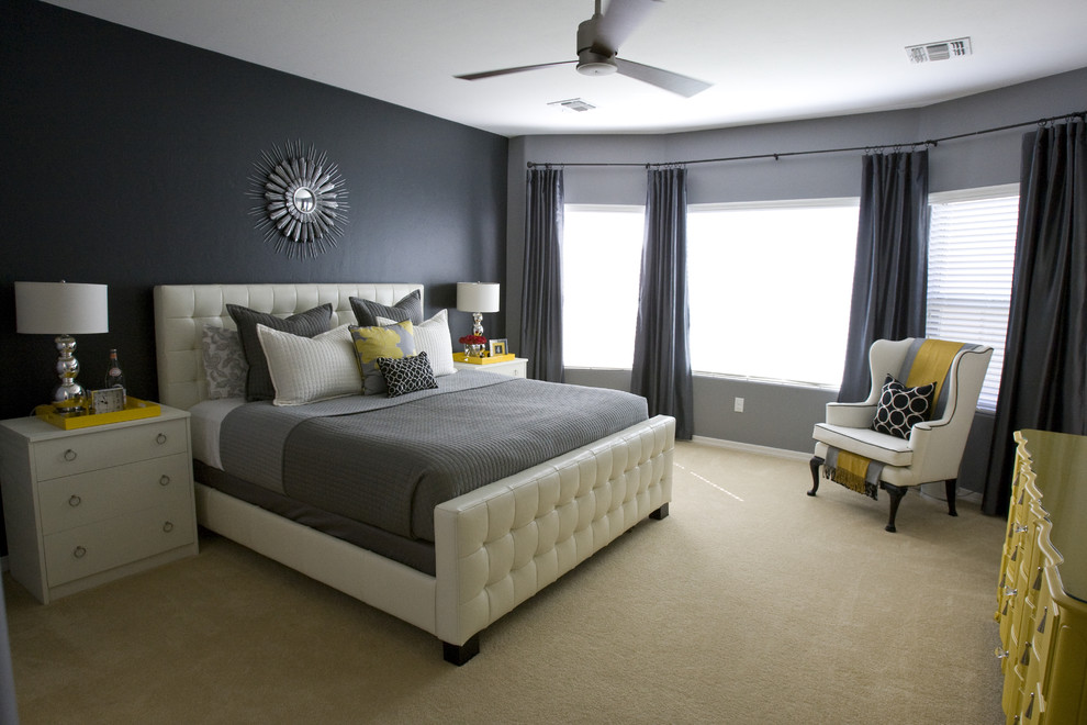 Contemporary bedroom in Salt Lake City with black walls and carpet.