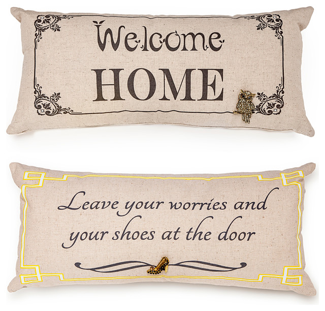 Welcome Home Cottage Style Linen Yellow Pillow With Removable Owl