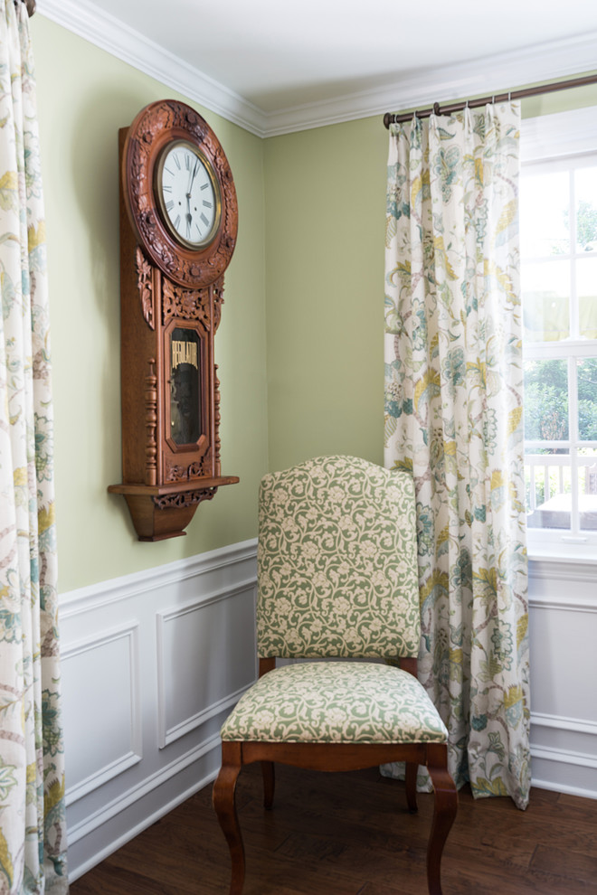 Mid-sized traditional separate dining room in Philadelphia with green walls, medium hardwood floors and brown floor.