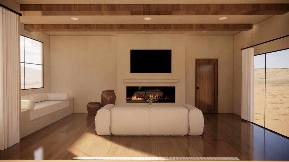 Пример оригинального дизайна: большая хозяйская спальня в стиле неоклассика (современная классика) с бежевыми стенами, паркетным полом среднего тона, горизонтальным камином, фасадом камина из бетона, коричневым полом и балками на потолке