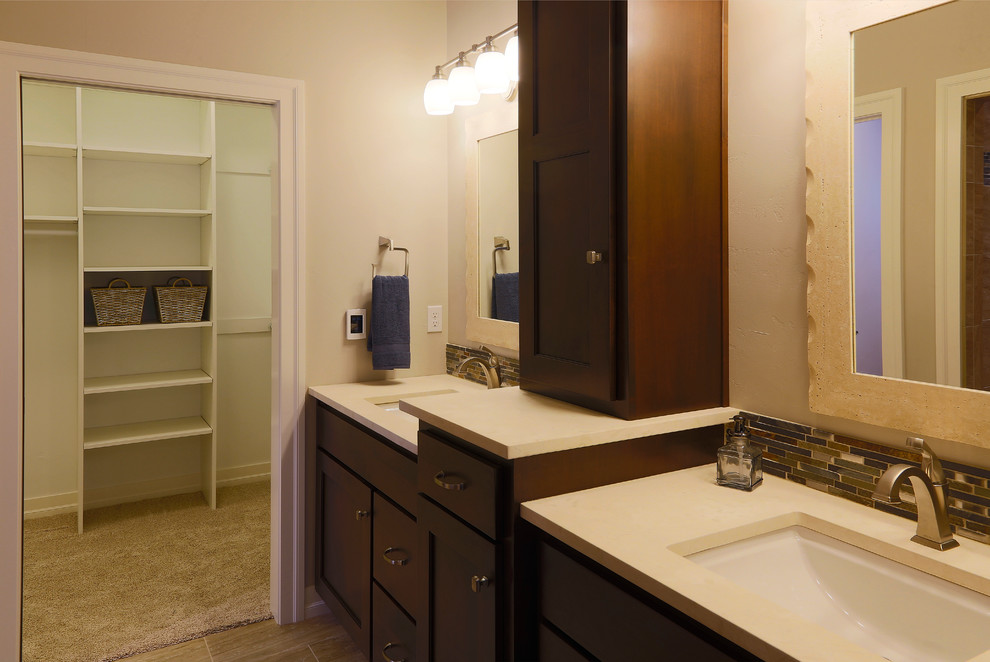 Mid-sized transitional master bathroom in Other with shaker cabinets, dark wood cabinets, beige tile, brown tile, gray tile, green tile, matchstick tile, beige walls, an undermount sink and engineered quartz benchtops.