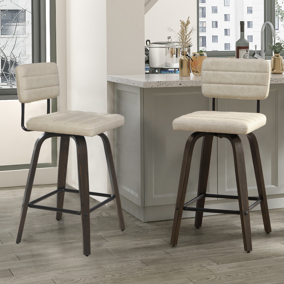 Swivel Bar Stool Leather Bar Stool, Wood Legs, Counter Height, Pu, Set