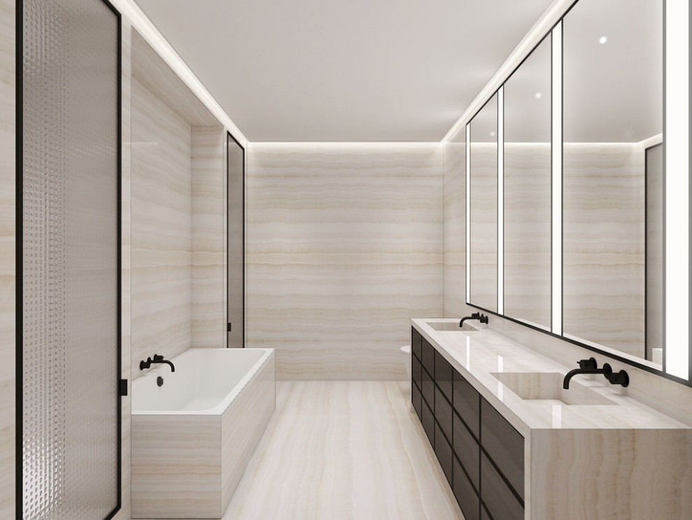 Design ideas for a mid-sized modern master bathroom in New York with flat-panel cabinets, black cabinets, an undermount tub, a wall-mount toilet, beige tile, marble, marble floors, onyx benchtops, beige floor, a hinged shower door, beige benchtops, a double vanity and a built-in vanity.