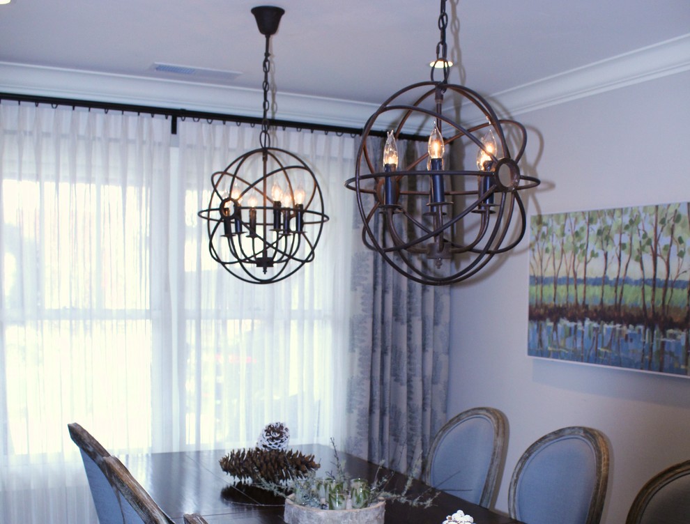 Inspiration for a mid-sized transitional open plan dining in San Francisco with grey walls and dark hardwood floors.