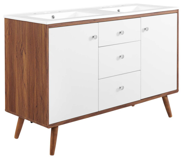 Transmit 48" Double Sink Bathroom Vanity, Walnut White Midcentury