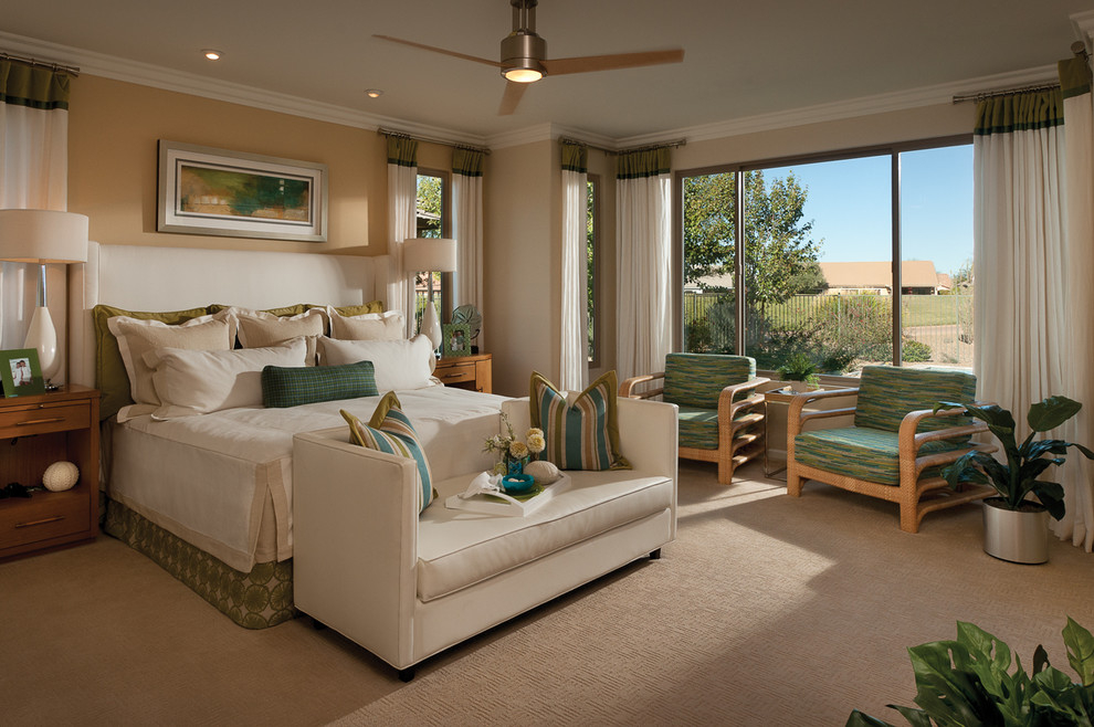 Inspiration for a large contemporary master bedroom in Phoenix with beige walls, carpet, no fireplace and beige floor.