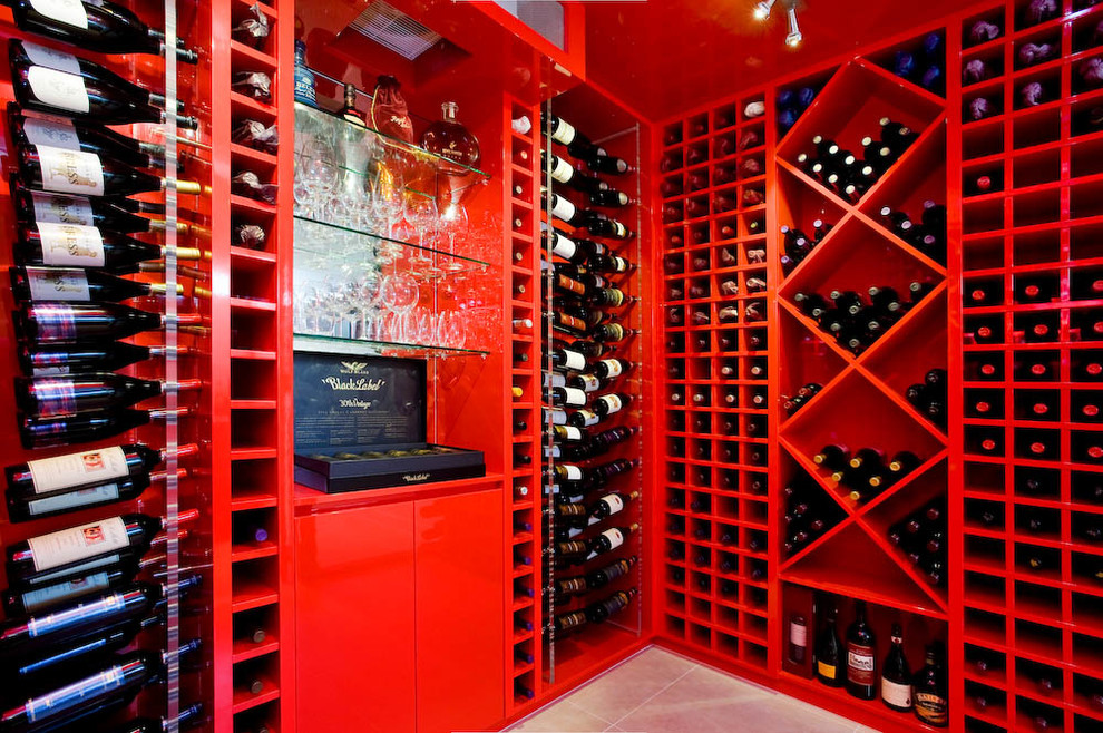 This is an example of a modern wine cellar in Gold Coast - Tweed.