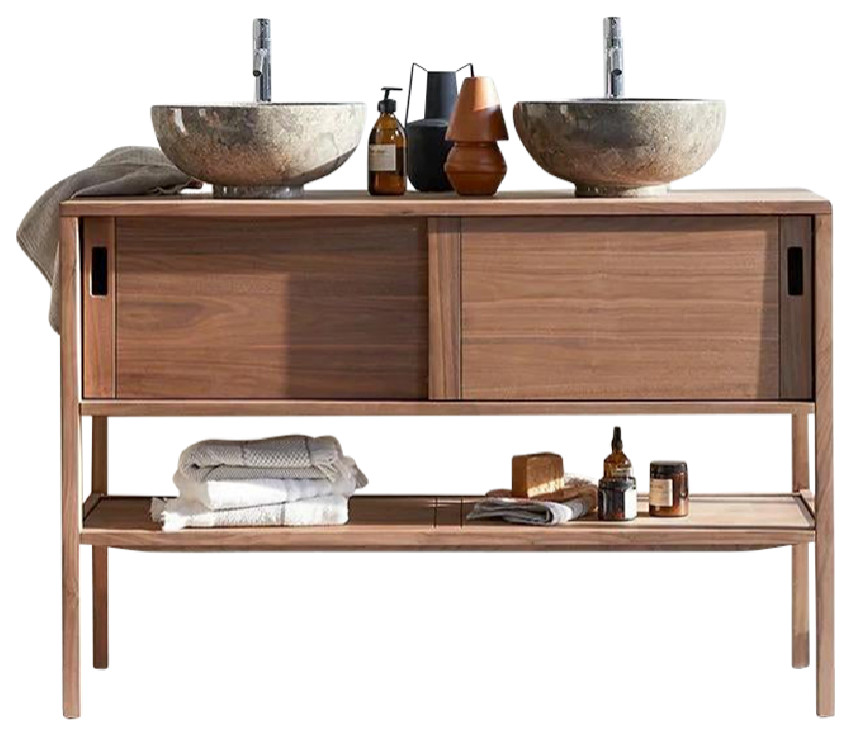 Solid Walnut Vanity Unit Tikamoon Arty Transitional Bathroom