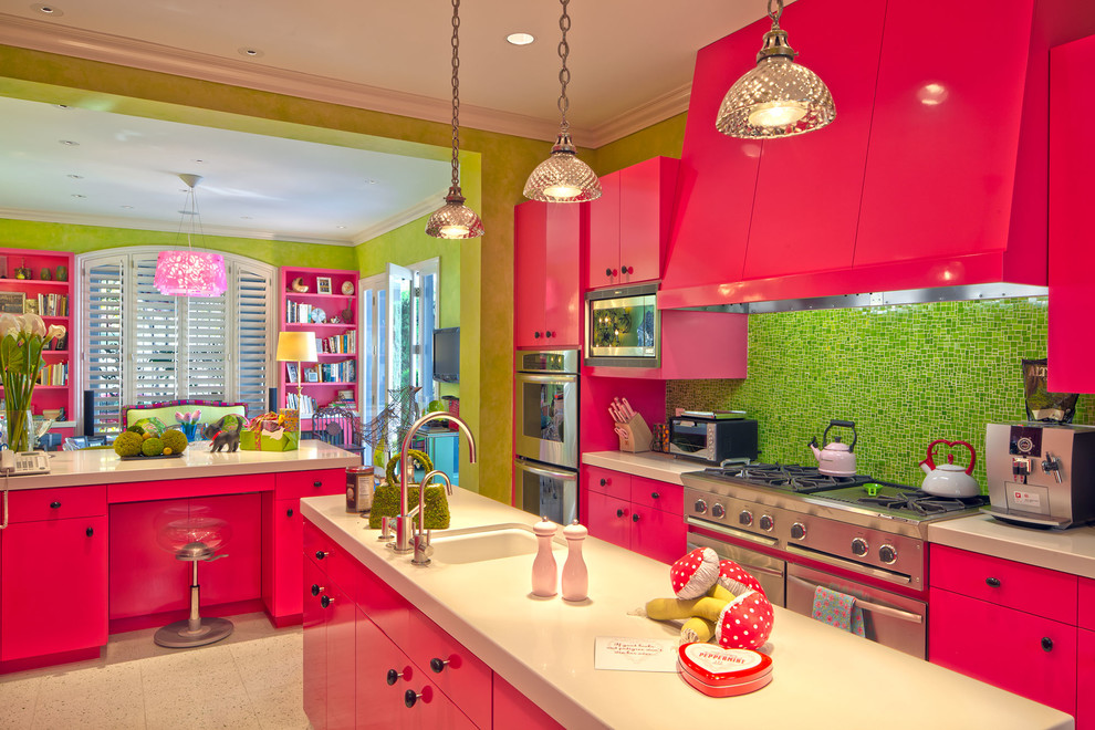 Inspiration for a mid-sized eclectic u-shaped separate kitchen in Los Angeles with an undermount sink, flat-panel cabinets, purple cabinets, quartz benchtops, green splashback, mosaic tile splashback, panelled appliances, ceramic floors, with island and beige floor.