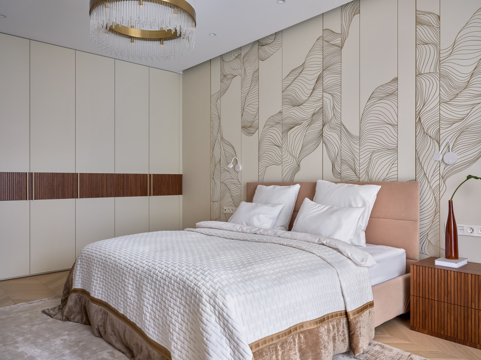 Medium sized contemporary guest bedroom in Moscow with beige walls, light hardwood flooring, beige floors, wallpapered walls and a feature wall.
