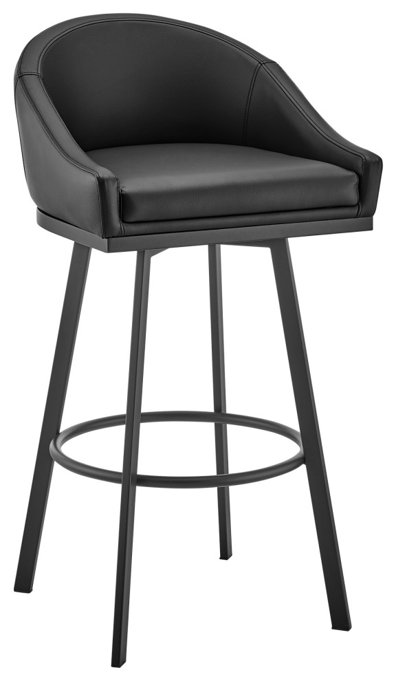 Noran Swivel Counter Stool, Black Metal With Black Faux Leather