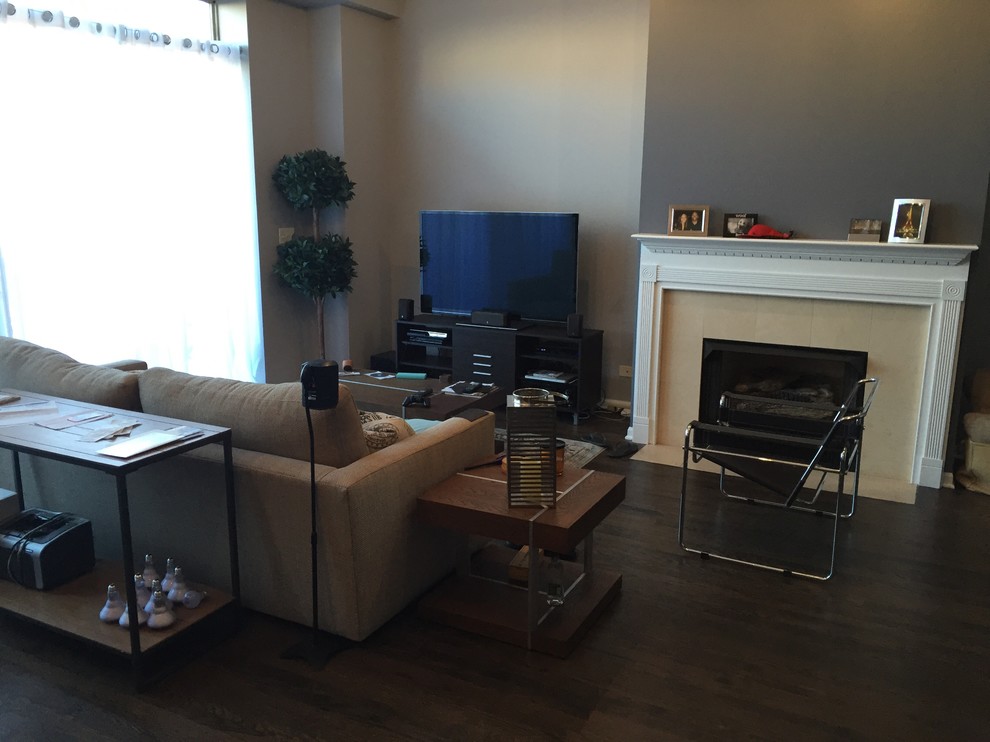 How to arrange furniture open floor plan side by side TV and fireplace