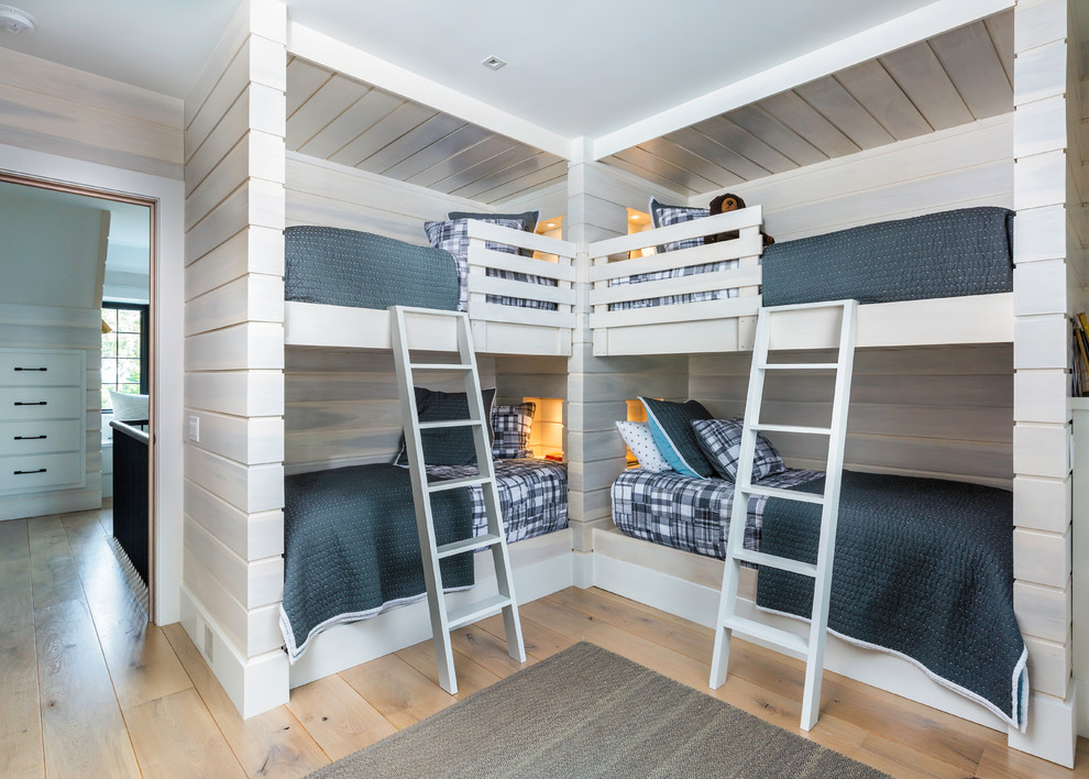 Photo of a beach style gender-neutral kids' bedroom for kids 4-10 years old in Other with light hardwood floors.