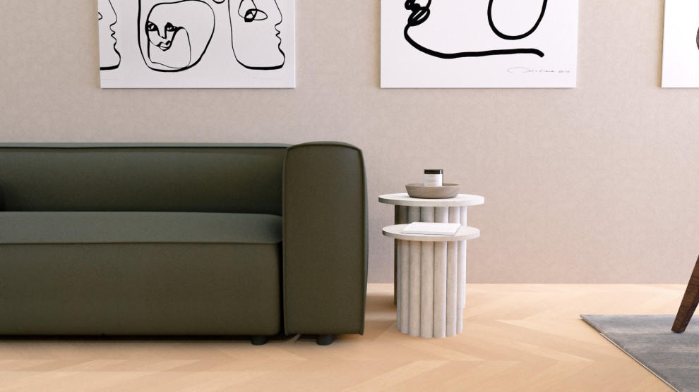 Design ideas for a medium sized modern enclosed dining room in Cambridgeshire with beige walls, light hardwood flooring, a coffered ceiling and feature lighting.