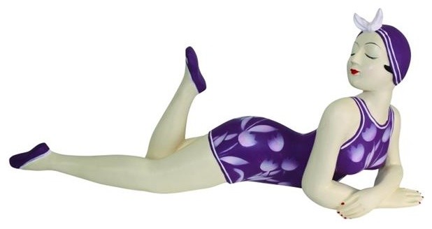 Retro Bathing Beauty Lying Figurine Statue Swim Suit Woman Purple White Floral Beach Style