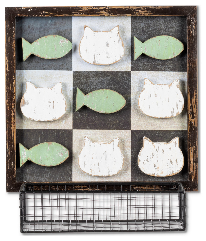 13.38" Wooden Wall Hanging Cat Themed Tic-Tac-Toe Board, Metal Basket