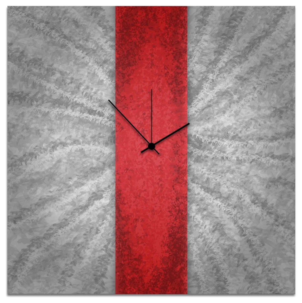 Red Stripe Clock, Contemporary Grey and Red Metal Wall Decor