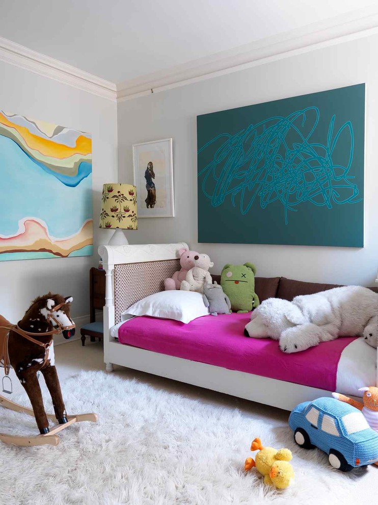 Transitional kids' bedroom in New York with white walls for kids 4-10 years old and girls.