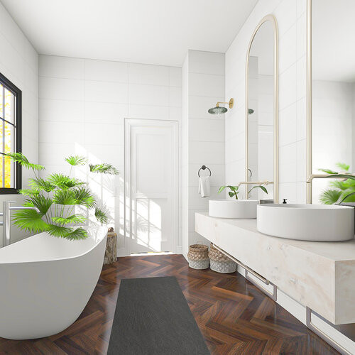This is an example of a medium sized modern ensuite bathroom in San Francisco with white cabinets, white tiles, porcelain tiles, white walls, medium hardwood flooring, marble worktops, brown floors, white worktops, double sinks and a floating vanity unit.