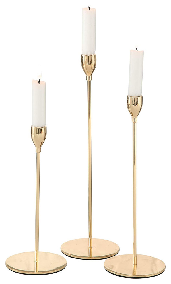 Modernist Tulip Top 3 Piece Gold Taper Candle Holder Set