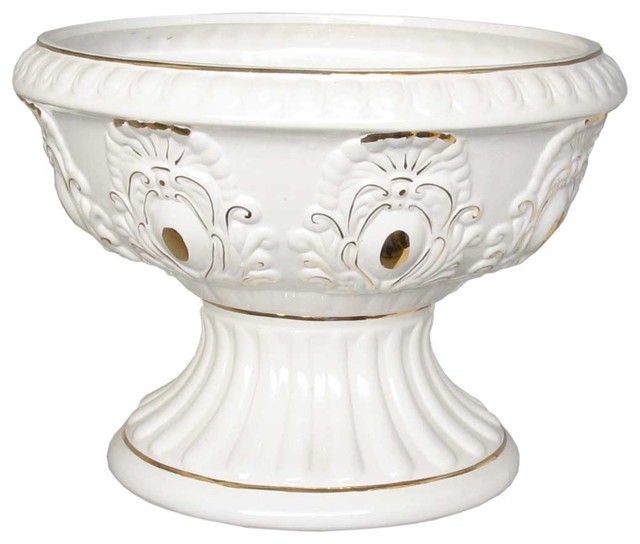 Planter White Gold Ceramic Ornate Vase 10 H 14 Dia Traditional