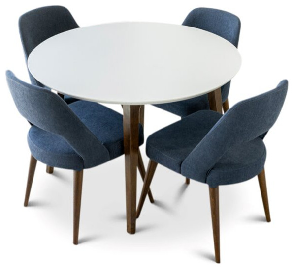 Henley 5Piece MidCentury Round Dining Set with 4 Fabric Dining Chairs
