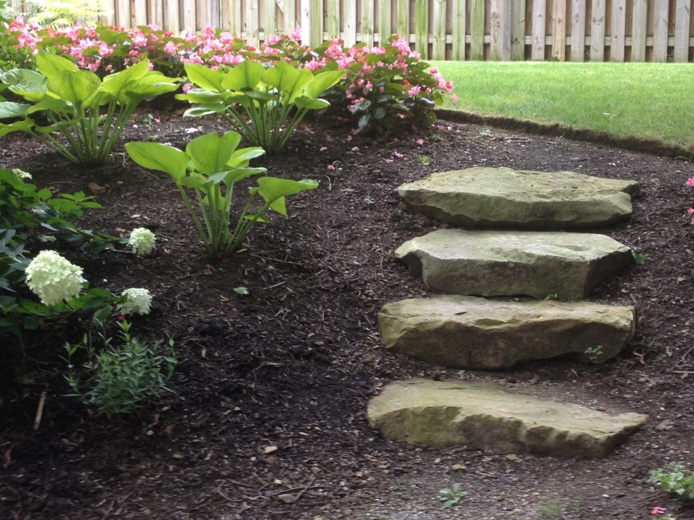 This is an example of a small transitional backyard partial sun garden in Other with a garden path and mulch.