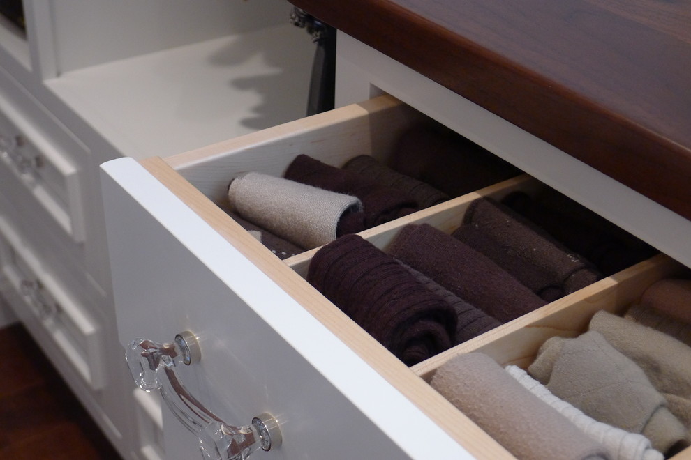 Inspiration for a mid-sized transitional gender-neutral medium tone wood floor home design remodel in Indianapolis with recessed-panel cabinets and white cabinets