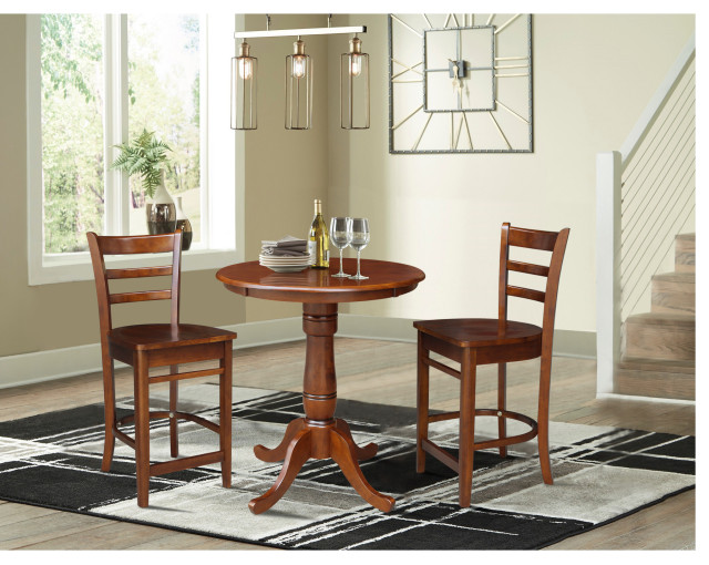 30" Round Pedestal Gathering Height Table with 2 Emily Counter Height Stools